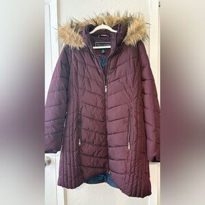 Tommy Hilfiger Maroon Puffer Jacket with Faux Fur Hood